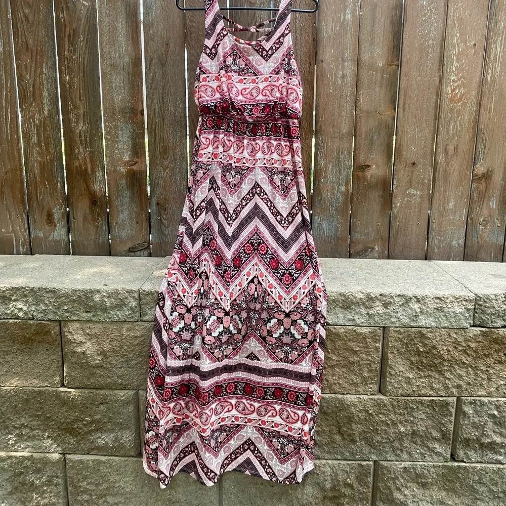 MAURICES Women’s Full Length Maxi Dress with Black Red Pink Print Size Small